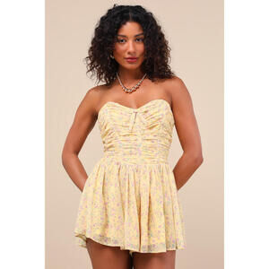 Lulus Marinella Yellow Floral Ruched Strapless Romper - Size S